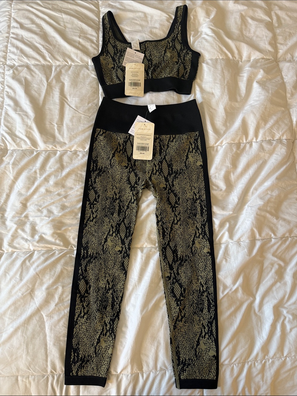 Fabletics Olive & Black Snake-Print High-Waist Leggings with Matching Crop Top